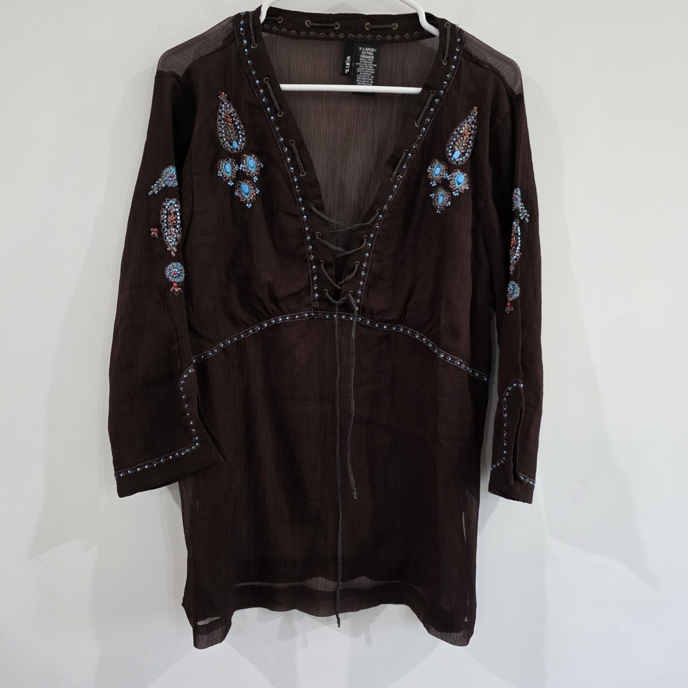 Y2K Mixit Womens Beaded Brown Top Size XL Babydoll Semi Sheer Indie Hippie